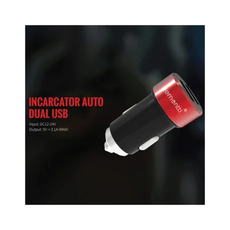 Incarcator Auto Type-C Lemontti 3.1A Dual USB Negru-Rosu (cablu detasabil)