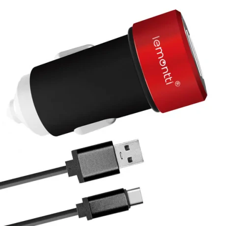 Incarcator Auto Type-C Lemontti 3.1A Dual USB Negru-Rosu (cablu detasabil)