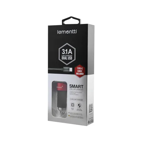 Incarcator Auto Type-C Lemontti 3.1A Dual USB Negru-Rosu (cablu detasabil)