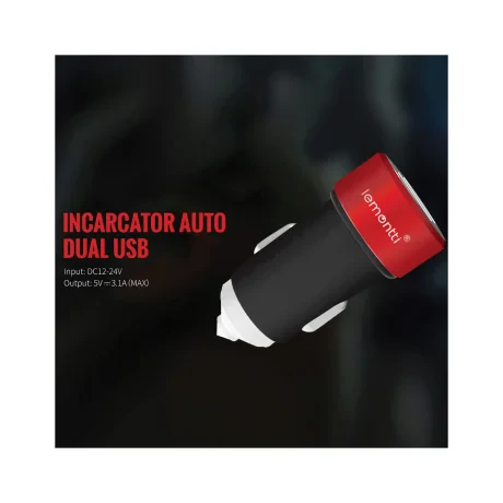 Incarcator Auto Type-C Lemontti 3.1A Dual USB Negru-Rosu (cablu detasabil)