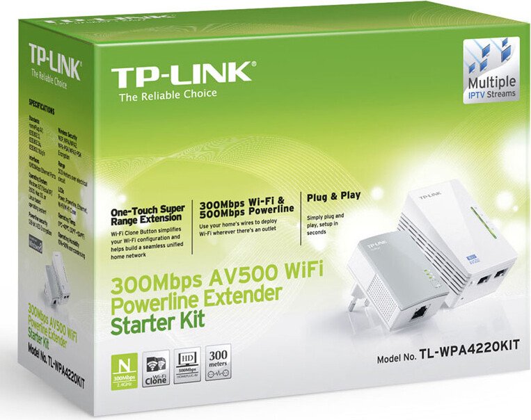KIT ADAPTOR POWERLINE TP-LINK tehnologie AV,  AV600, pana la 300Mbps, 2 porturi 10/100Mbps, wireless 300Mbps, compus din TL-WPA4220 &amp; TL-PA4010 "TL-WPA4220KIT" thumb