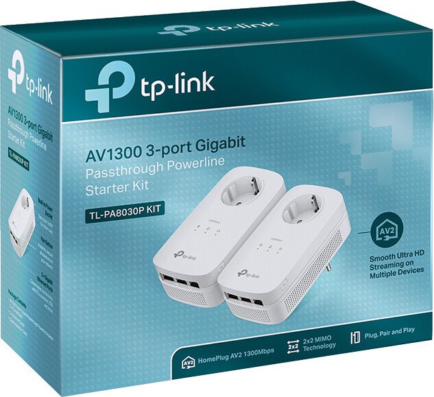 KIT ADAPTOR POWERLINE TP-LINK tehnologie AV2, AV1300, pana la 1300Mbps, 3 porturi Gigabit, priza AC, 2 buc. "TL-PA8030PKIT" thumb