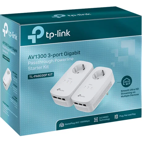 KIT ADAPTOR POWERLINE TP-LINK tehnologie AV2, AV1300, pana la 1300Mbps, 3 porturi Gigabit, priza AC, 2 buc. &quot;TL-PA8030PKIT&quot;