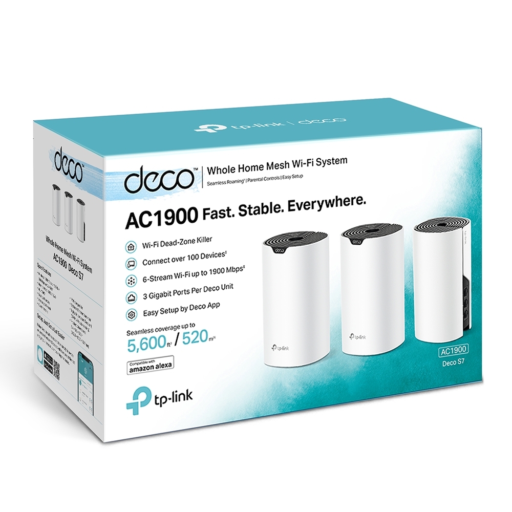 MESH TP-LINK, wireless, router AC1900, pt interior, 1900 Mbps, port LAN, WAN, 2.4 GHz | 5 GHz, antena interna x 3, standard 802.11ac, "Deco S7(3-pack)" thumb