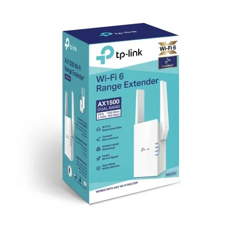 RANGE EXTENDER TP-LINK wireless  1500Mbps, 1 port Gigabit,  2 antene externe, 2.4 / 5Ghz dual band, Wi-Fi 6, &quot;RE505X&quot;