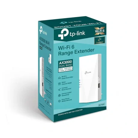 RANGE EXTENDER TP-LINK wireless  3000Mbps, 1 port Gigabit,  2 antene interne, 2.4 / 5Ghz dual band, Wi-Fi 6, &quot;RE700X&quot;