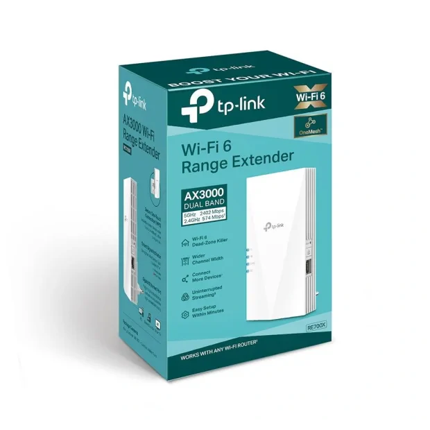 RANGE EXTENDER TP-LINK wireless  3000Mbps, 1 port Gigabit,  2 antene interne, 2.4 / 5Ghz dual band, Wi-Fi 6, &quot;RE700X&quot;