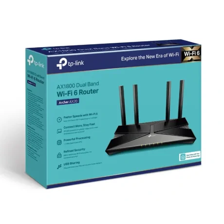 ROUTER TP-LINK wireless 1800Mbps,1 x WAN Gigabit, 4 porturi LAN Gigabit, port USB 2.0,  2.4 GHz/5 GHz dual band, 4 antene externe, WI-FI 6,  "Archer AX20"