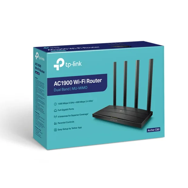 ROUTER TP-LINK wireless 1900Mbps, MU-MIMO, 4 porturi Gigabit, 4 antene externe, Dual Band 2.4 GHz+5 GHz AC1900 &quot;Archer C80&quot;
