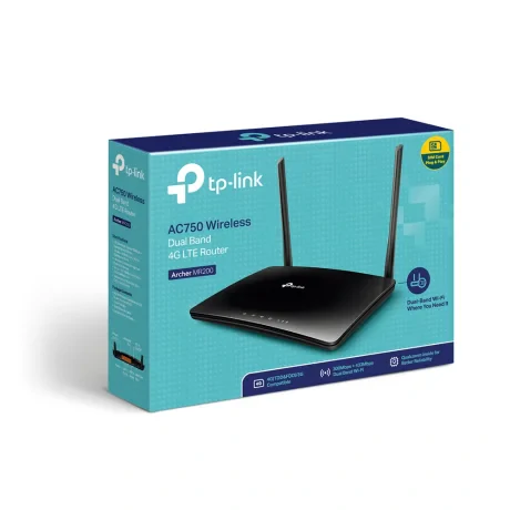 ROUTER TP-LINK wireless. 4G LTE (desktop),  750Mbps, 3 porturi 10/100Mbps + 1 WAN/LAN, AC750, Dual Band slot SIM 4G LTE "Archer MR200"