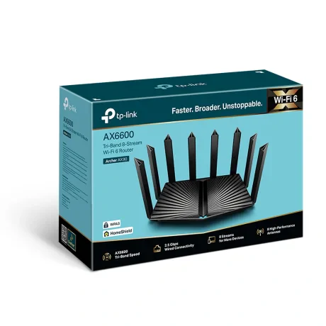 ROUTER TP-LINK wireless 6600Mbps,1 x 2.5 Gbps WAN/LAN, 1 x 1 Gbps WAN/LAN, 3 x Gigabit LAN si 2 x USB, 2.4 Ghz/5 Ghz dual band, 8 antene externe, WI-FI 6 &quot;Archer AX90&quot;