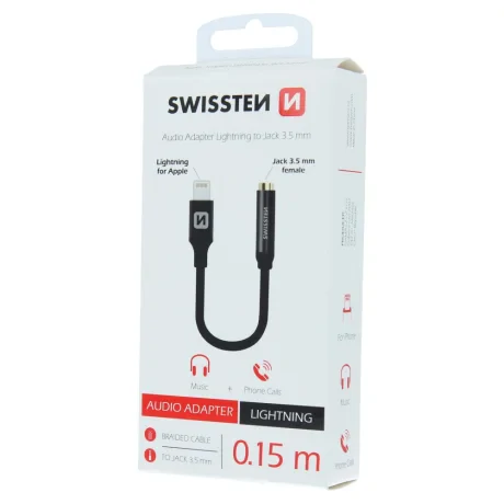Adaptor audio Swissten textil Lightning /Jack (mama) 0,15 m Negru