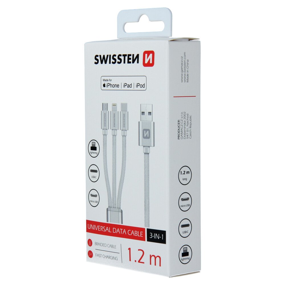 Cablu de date Swissten textil 3in1 MFI 1,2 m Argintiu thumb