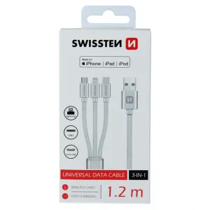 Cablu de date Swissten textil 3in1 MFI 1,2 m Argintiu
