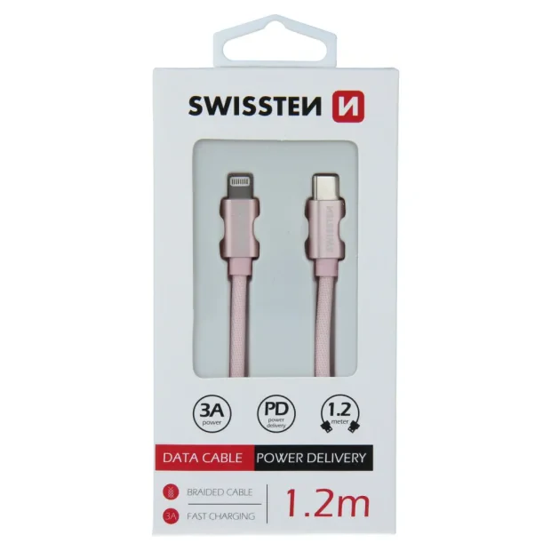 Cablu de date Swissten textil USB-C / Lightning 1,2 m ROZ / Auriu