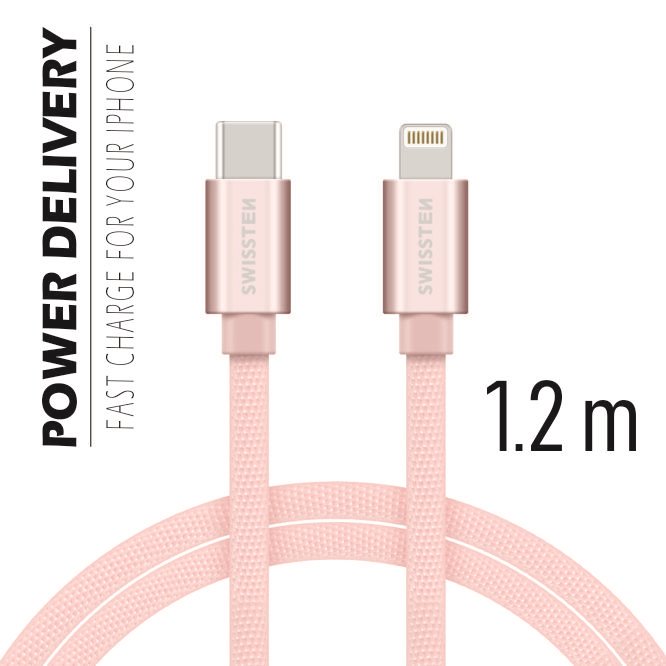 Cablu de date Swissten textil USB-C / Lightning 1,2 m ROZ / Auriu thumb