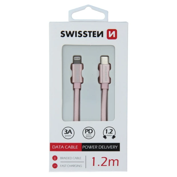 Cablu de date Swissten textil USB-C / Lightning 1,2 m ROZ / Auriu
