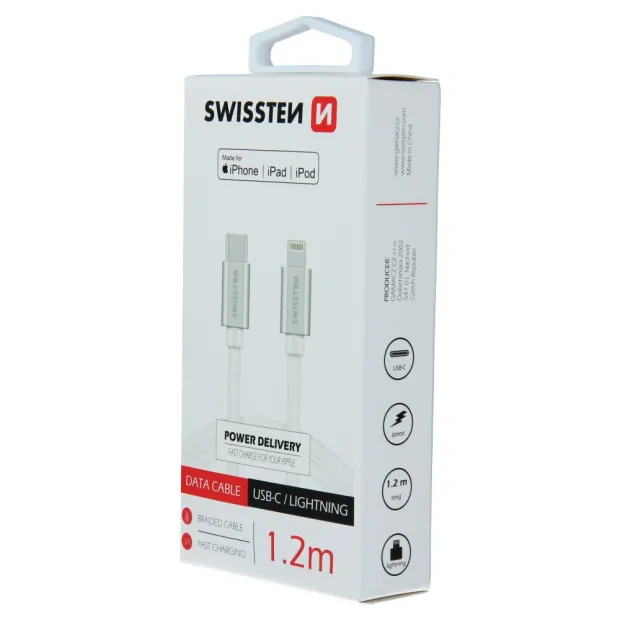 Cablu de date Swissten textil USB-C / Lightning MFI 1,2 m Argintiu