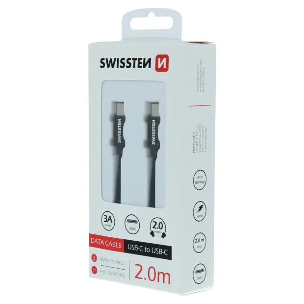 Cablu de date Swissten textil USB-C / USB-C 2,0 m Negru