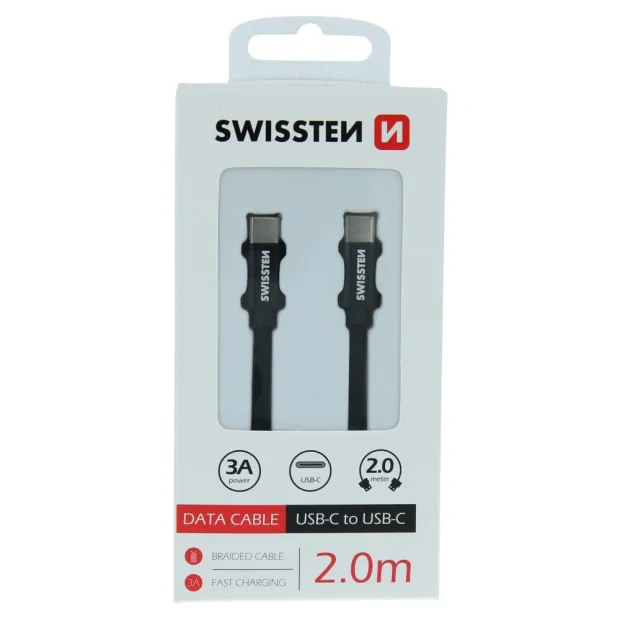 Cablu de date Swissten textil USB-C / USB-C 2,0 m Negru