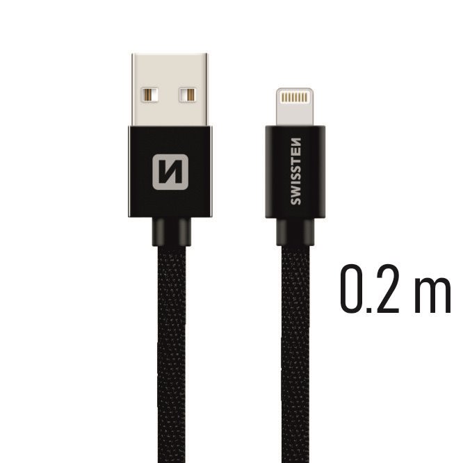 Cablu de date Swissten textil USB / Lightning 0,2 m Negru thumb