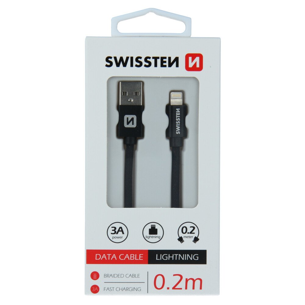 Cablu de date Swissten textil USB / Lightning 0,2 m Negru thumb