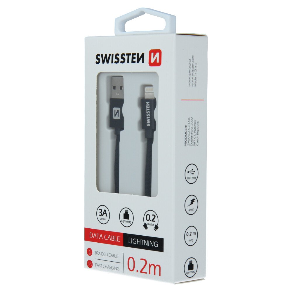 Cablu de date Swissten textil USB / Lightning 0,2 m Negru thumb