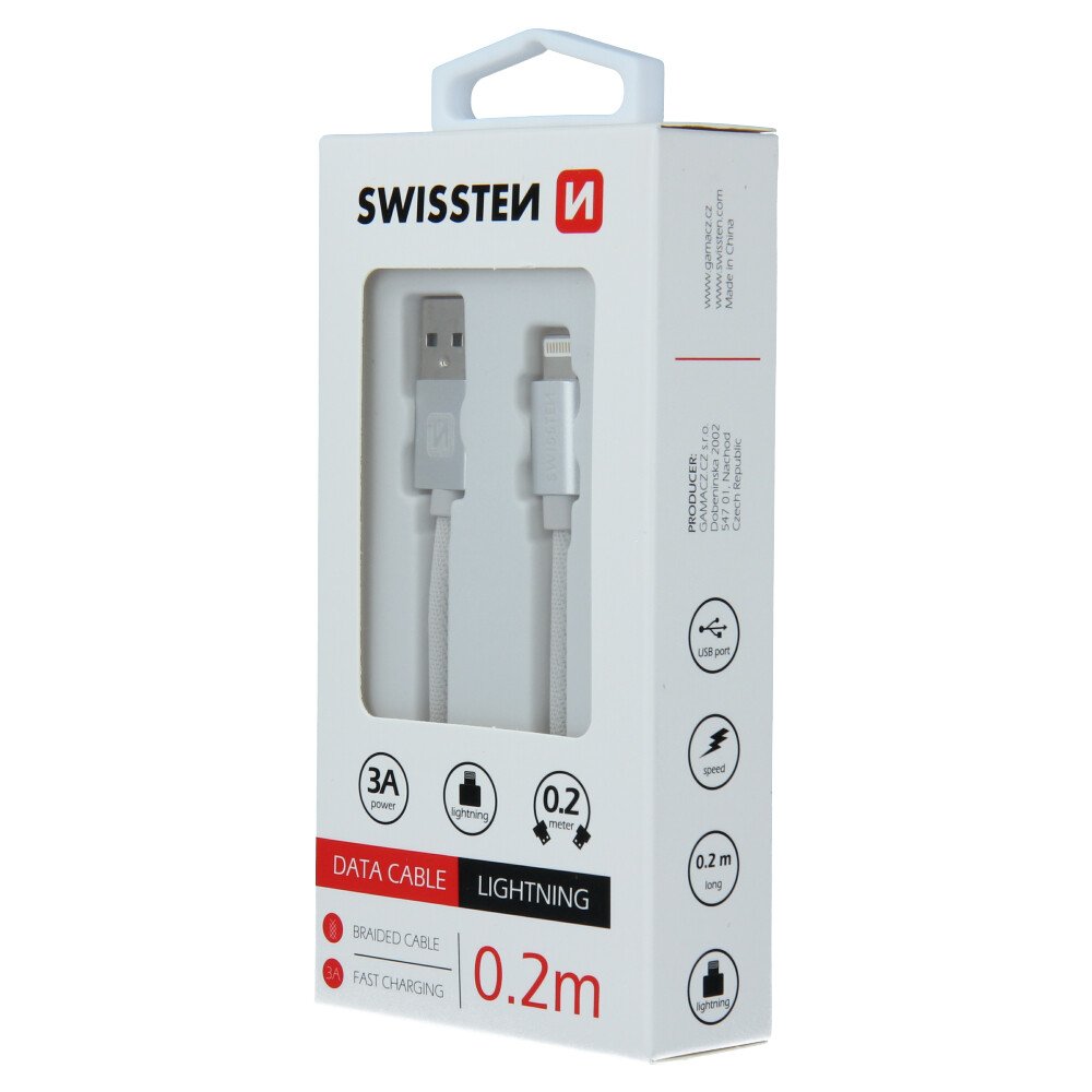 Cablu de date Swissten textil USB / Lightning 0,2 m Argintiu thumb