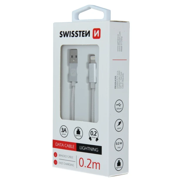 Cablu de date Swissten textil USB / Lightning 0,2 m Argintiu