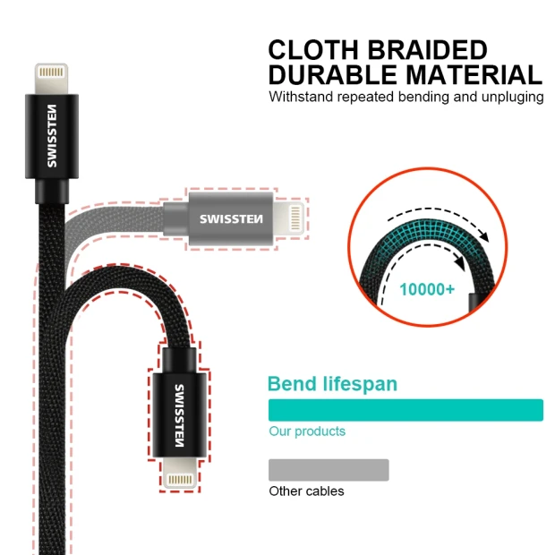 Cablu de date Swissten textil USB / Lightning 0,2 m Argintiu