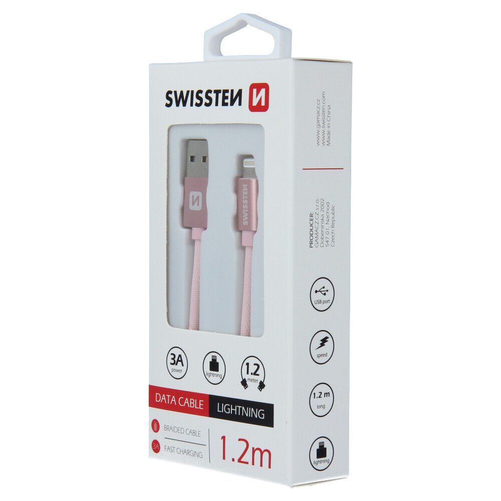 Cablu de date Swissten textil USB / Lightning 1,2 m ROZ / Auriu thumb