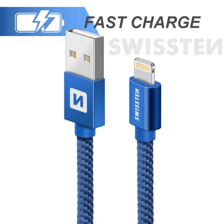Cablu de date Swissten textil USB / Lightning 2,0 m albastru