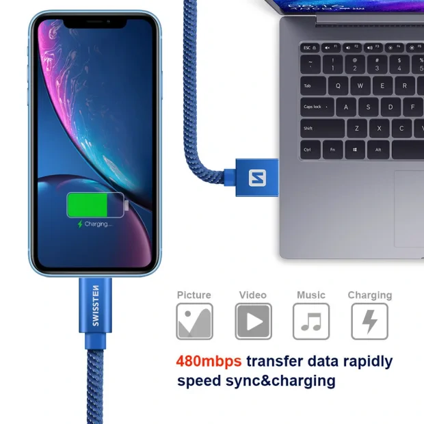 Cablu de date Swissten textil USB / Lightning 2,0 m albastru