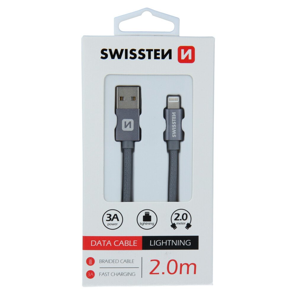 Cablu de date Swissten textil USB / Lightning 2,0 m gri thumb