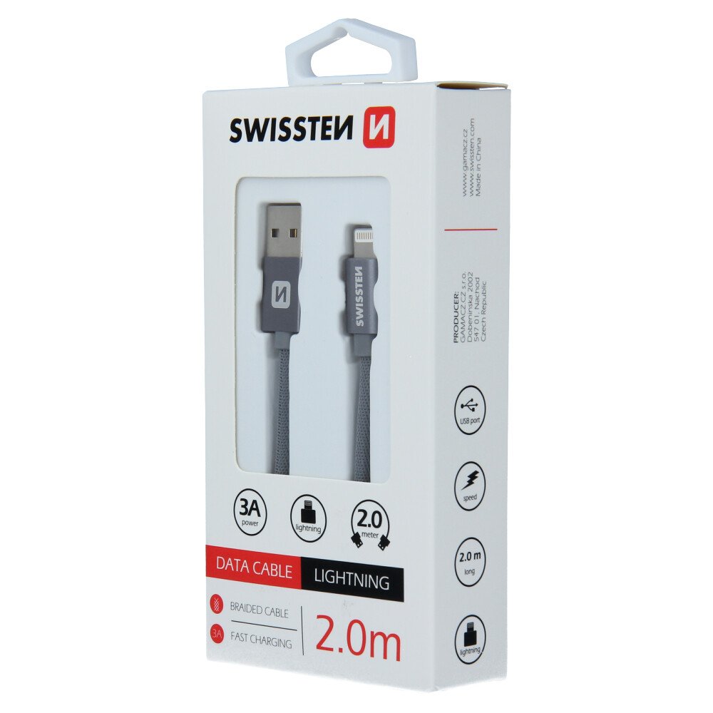 Cablu de date Swissten textil USB / Lightning 2,0 m gri thumb