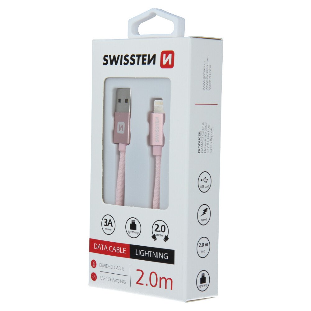 Cablu de date Swissten textil USB / Lightning 2,0 m ROZ / Auriu thumb