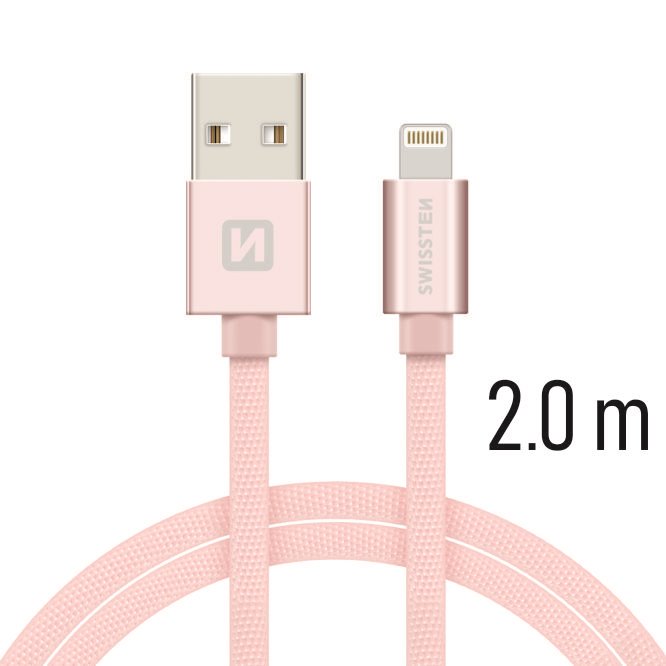 Cablu de date Swissten textil USB / Lightning 2,0 m ROZ / Auriu thumb