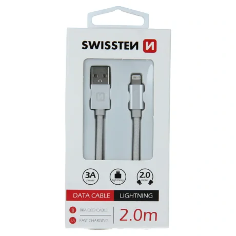 Cablu de date Swissten textil USB / Lightning 2,0 m Argintiu