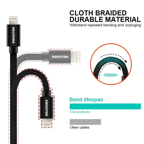 Cablu de date Swissten textil USB / Lightning 2,0 m Argintiu