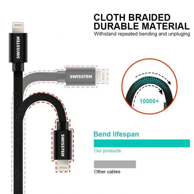 Cablu de date Swissten textil USB / Lightning MFI 1,2 m Argintiu