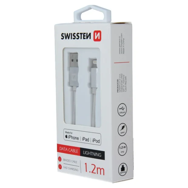 Cablu de date Swissten textil USB / Lightning MFI 1,2 m Argintiu