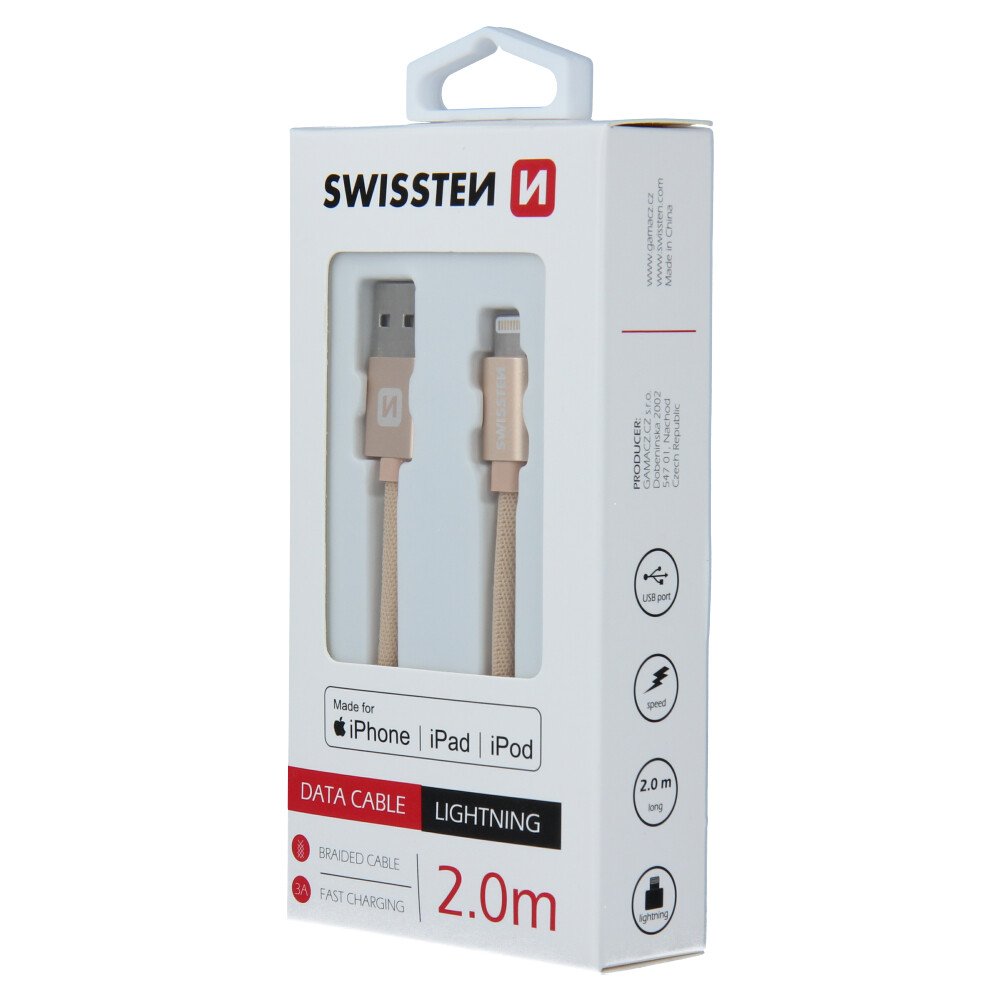 Cablu de date Swissten textil USB / Lightning MFI 2,0 m Auriu thumb