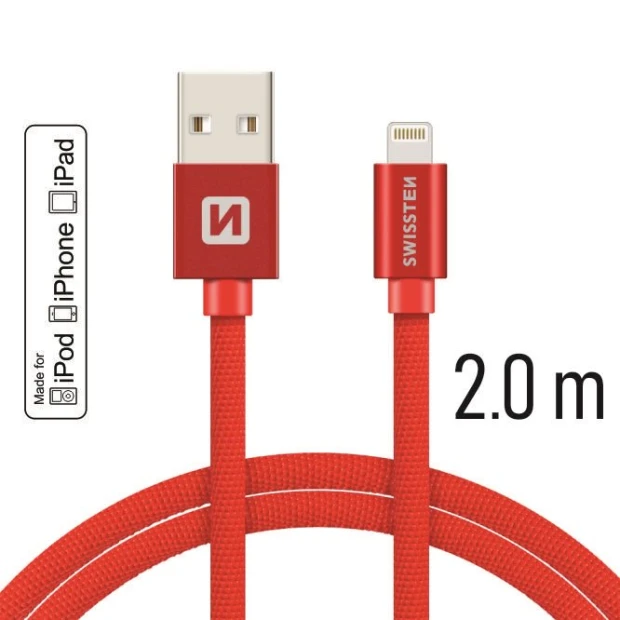 Cablu de date Swissten textil USB / Lightning MFI 2,0 m Rosu