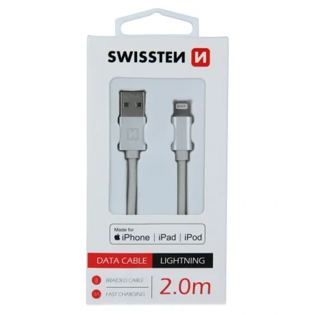 Cablu de date Swissten textil USB / Lightning MFI 2,0 m Argintiu