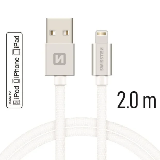 Cablu de date Swissten textil USB / Lightning MFI 2,0 m Argintiu