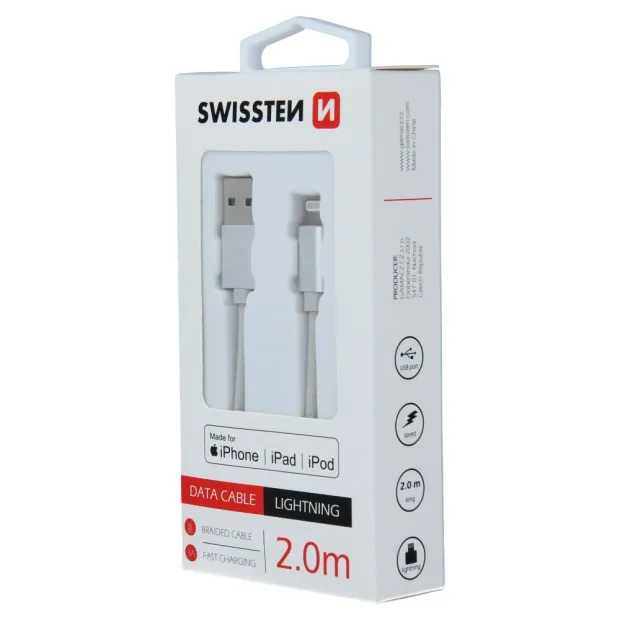 Cablu de date Swissten textil USB / Lightning MFI 2,0 m Argintiu