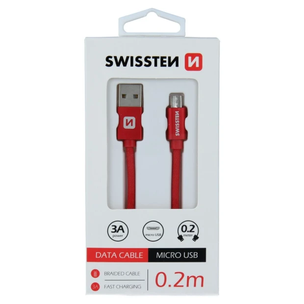 Cablu de date Swissten textil USB / Micro USB 0,2 m Rosu