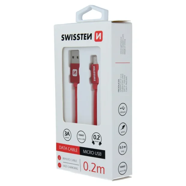 Cablu de date Swissten textil USB / Micro USB 0,2 m Rosu