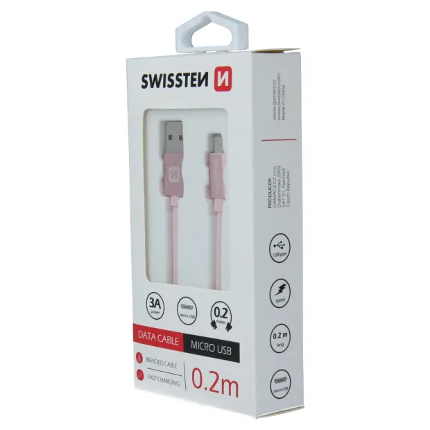 Cablu de date Swissten textil USB / Micro USB 0,2 m ROZ / Auriu