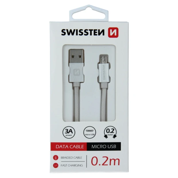 Cablu de date Swissten textil USB / Micro USB 0,2 m Argintiu
